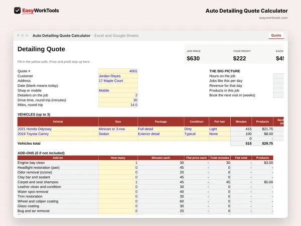 Auto Detailing Quote Calculator Quote tab in Excel and Google Sheets. The Quote tab prices up to 3 vehicles by size, package, condition and pet hair, with price, profit and earnings per hour at the top.