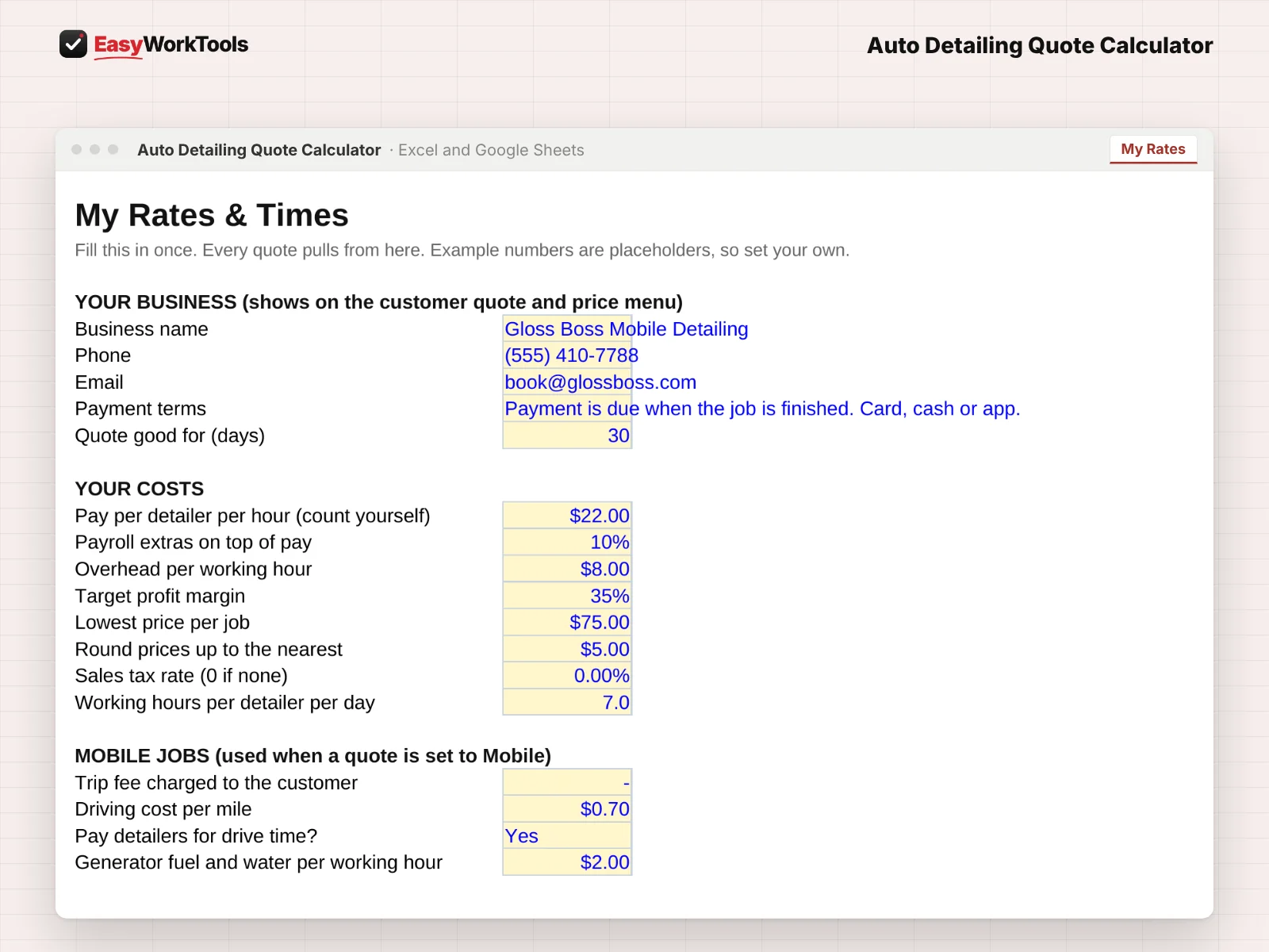 Auto Detailing Quote Calculator My Rates tab in Excel and Google Sheets. My Rates, where you set package times by vehicle size, products, condition, pet hair and add-ons.