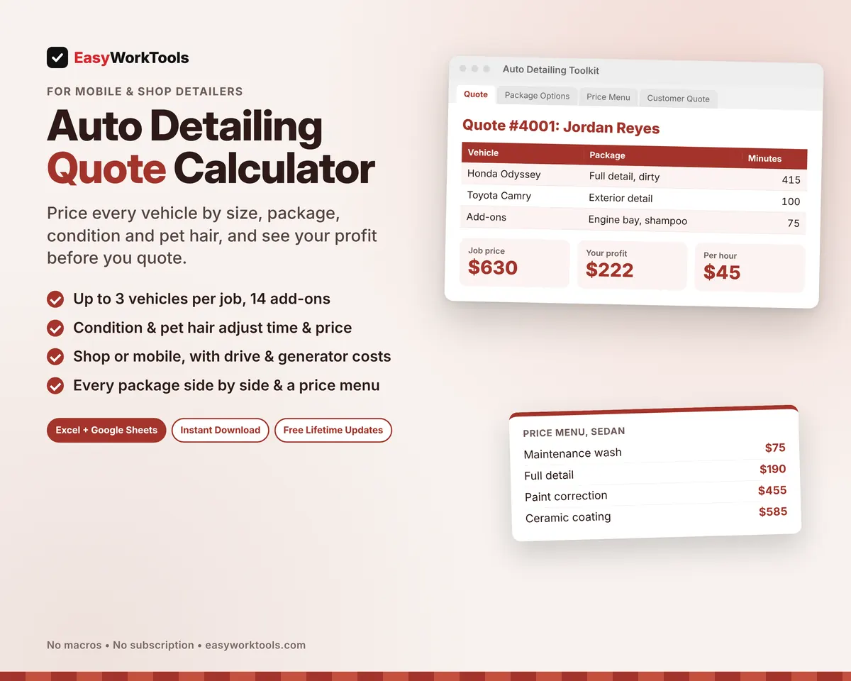Auto Detailing Quote Calculator spreadsheet for Excel and Google Sheets. A two-vehicle mobile job priced by size, package, condition and pet hair, with a printable price menu.