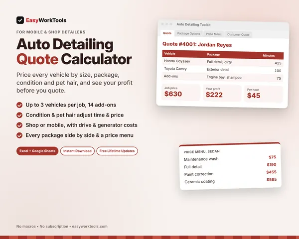 Auto Detailing Quote Calculator spreadsheet for Excel and Google Sheets. A two-vehicle mobile job priced by size, package, condition and pet hair, with a printable price menu.