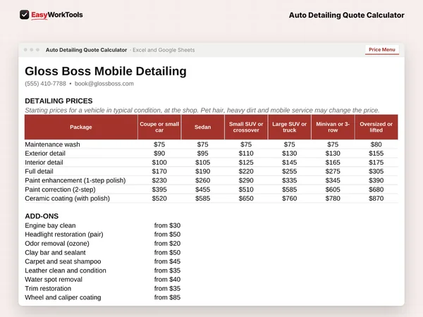 Auto Detailing Quote Calculator Price Menu tab in Excel and Google Sheets. A printable price menu for every package and vehicle size, built from your own times and costs.