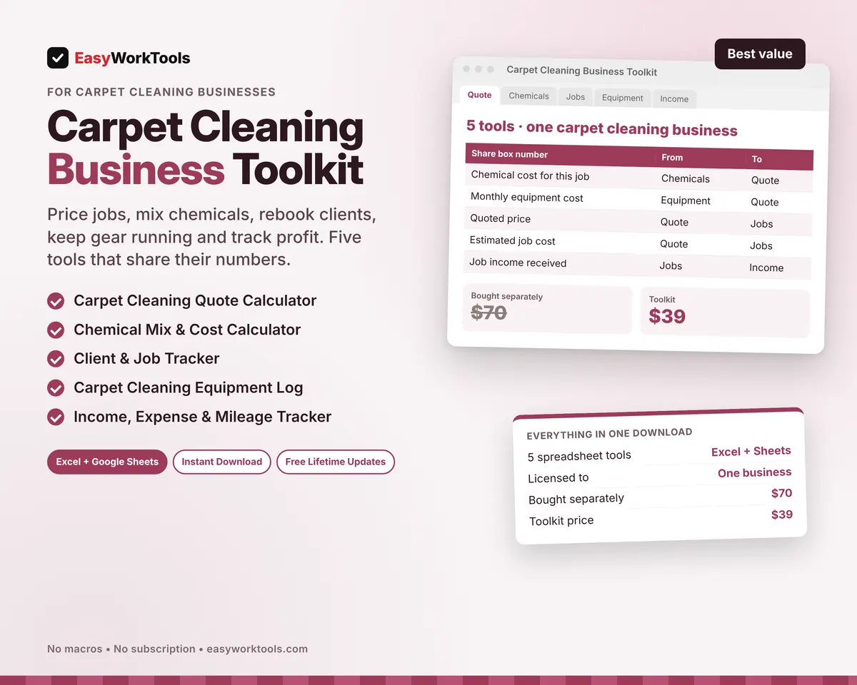 Carpet Cleaning Business Toolkit spreadsheet for Excel and Google Sheets. All five carpet cleaning tools in one download, $39 instead of $70.