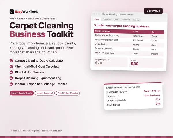 Carpet Cleaning Business Toolkit spreadsheet for Excel and Google Sheets. All five carpet cleaning tools in one download, $39 instead of $70.