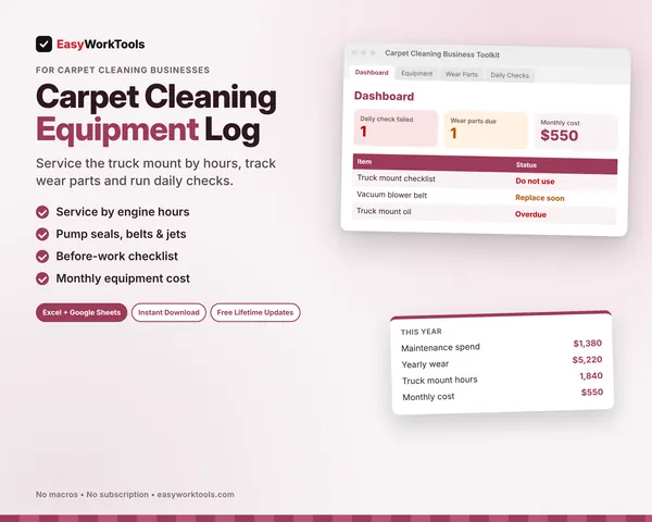 Carpet Cleaning Equipment Log spreadsheet for Excel and Google Sheets. Service due, a failed daily check, a wear part to replace and a $550 monthly equipment cost.