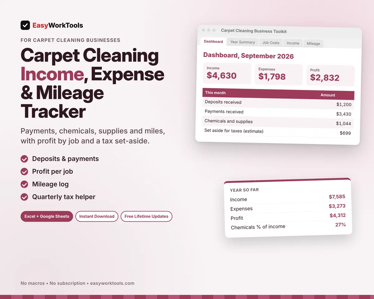 Carpet Cleaning Income, Expense & Mileage Tracker spreadsheet for Excel and Google Sheets. A month with $4,630 in payments, $2,832 profit, miles and a tax set-aside.