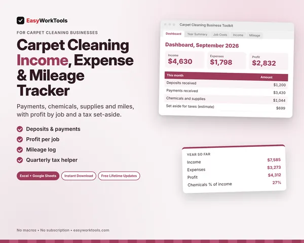 Carpet Cleaning Income, Expense & Mileage Tracker spreadsheet for Excel and Google Sheets. A month with $4,630 in payments, $2,832 profit, miles and a tax set-aside.