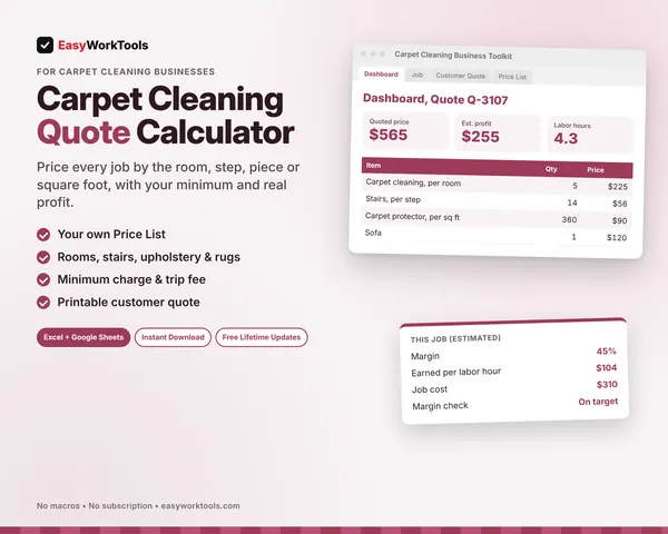 Carpet Cleaning Quote Calculator spreadsheet for Excel and Google Sheets. A $565 whole-house carpet, stairs and sofa job with a 45% margin, $255 profit and $104 earned per labor hour.