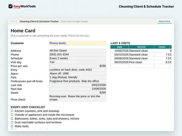 Cleaning Client & Schedule Tracker Home Card tab in Excel and Google Sheets. A printable Home Card with entry notes, alarm, pets, preferences, recent visits and your checklist.