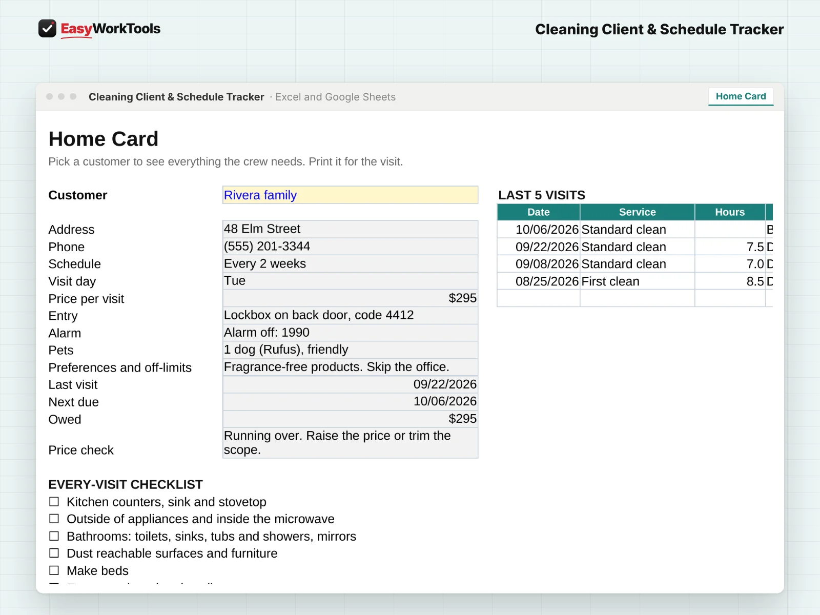 Cleaning Client & Schedule Tracker Home Card tab in Excel and Google Sheets. A printable Home Card with entry notes, alarm, pets, preferences, recent visits and your checklist.