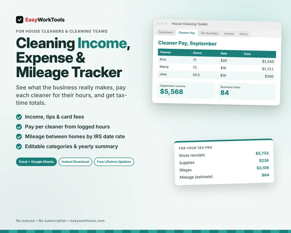 Cleaning Income, Expense & Mileage Tracker spreadsheet for Excel and Google Sheets. Cleaner Pay from logged hours, monthly profit, and totals for your tax pro.
