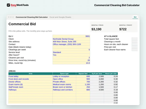 Commercial Cleaning Bid Calculator Bid tab in Excel and Google Sheets. The Bid tab prices each area by square feet and space type, counts restroom fixtures and shows the monthly price.