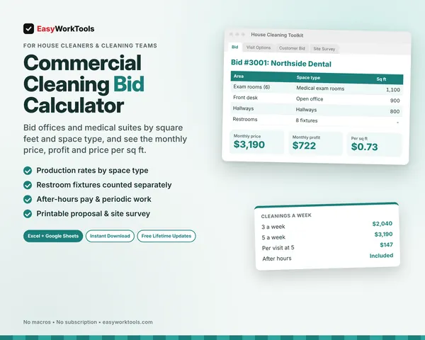 Commercial Cleaning Bid Calculator spreadsheet for Excel and Google Sheets. A dental office bid by space type and restroom fixtures, with the monthly price, profit and price per sq ft.