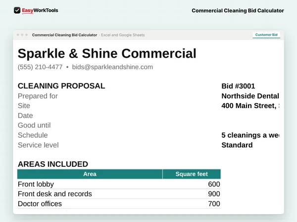Commercial Cleaning Bid Calculator Customer Bid tab in Excel and Google Sheets. A printable proposal with the areas, periodic work and monthly price.