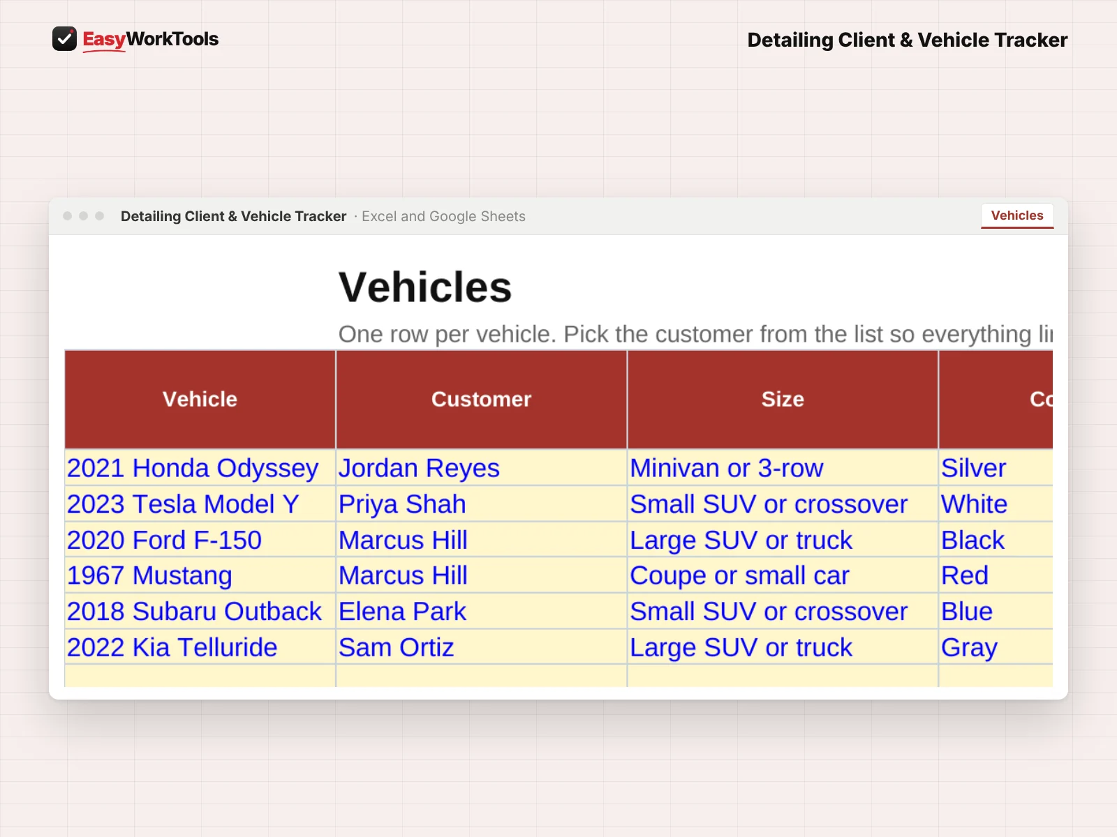 Detailing Client & Vehicle Tracker Vehicles tab in Excel and Google Sheets. Every vehicle in its own record, linked to its customer, with maintenance intervals and coating dates.