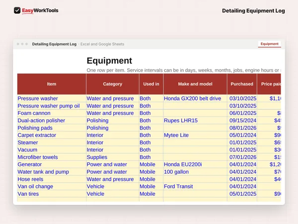 Detailing Equipment Log Equipment tab in Excel and Google Sheets. Every pressure washer, polisher, extractor and mobile system with service intervals and warranties.