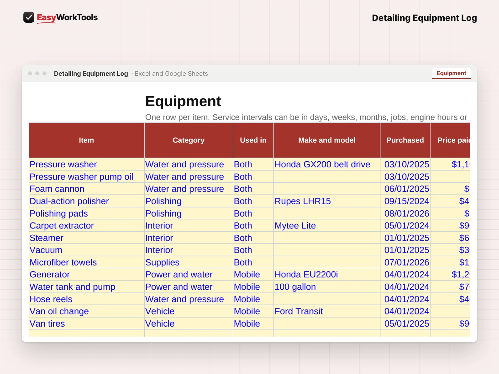 Detailing Equipment Log Equipment tab in Excel and Google Sheets. Every pressure washer, polisher, extractor and mobile system with service intervals and warranties.