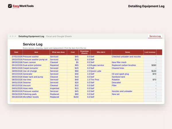 Detailing Equipment Log Service Log tab in Excel and Google Sheets. The service log, where every service, repair and cost builds your history.