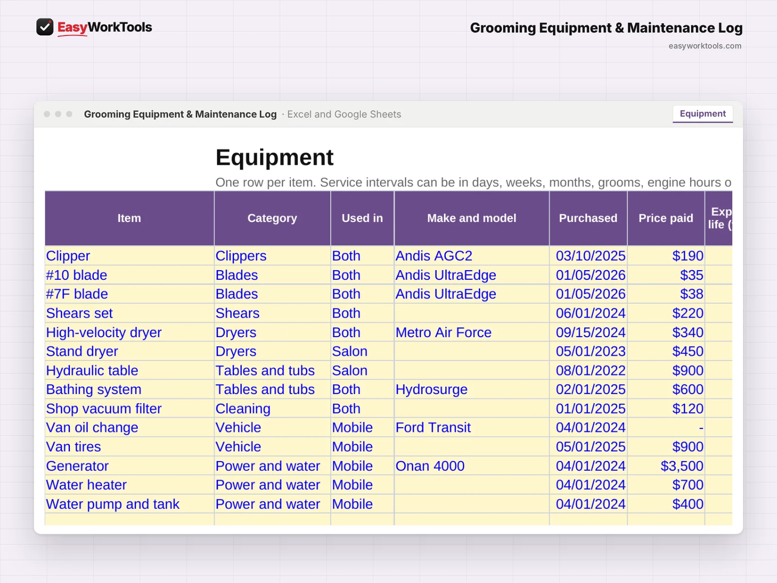 Grooming Equipment & Maintenance Log Equipment tab in Excel and Google Sheets. Every clipper, blade, dryer, tub and van system with service intervals and warranty dates.