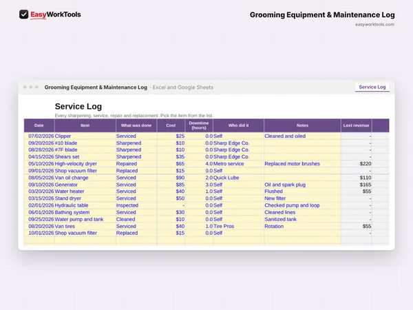 Grooming Equipment & Maintenance Log Service Log tab in Excel and Google Sheets. The service log, where every sharpening, repair and cost builds your history.