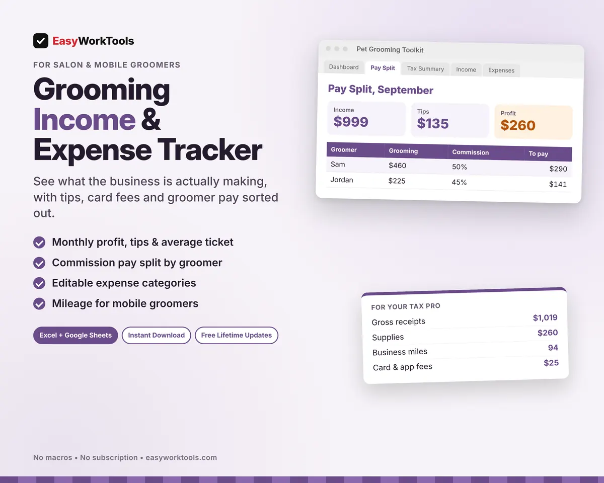 Grooming Income & Expense Tracker spreadsheet for Excel and Google Sheets. Commission pay by groomer with tips, the monthly profit Dashboard, and totals for your tax pro.