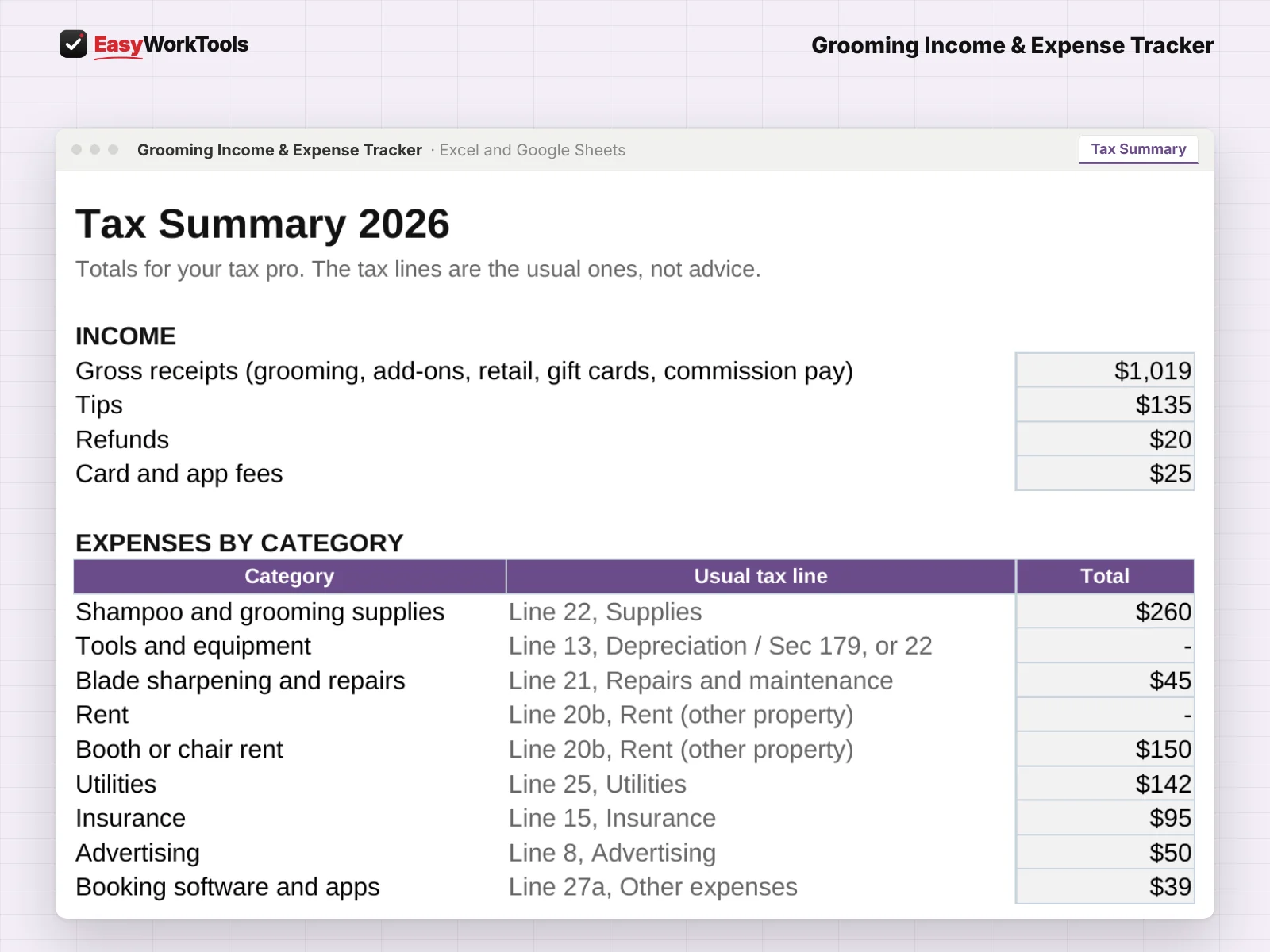 Grooming Income & Expense Tracker Tax Summary tab in Excel and Google Sheets. The Tax Summary totals every category with its usual tax line, ready for your tax pro.