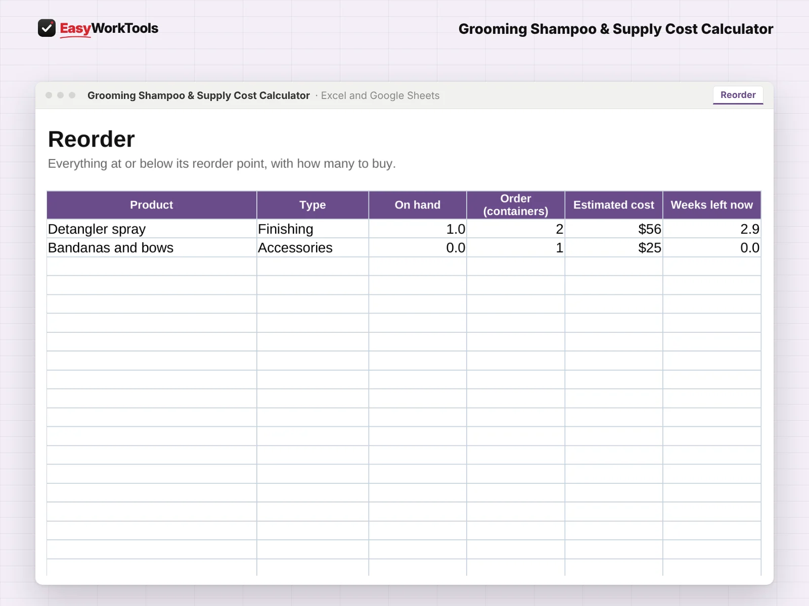 Grooming Shampoo & Supply Cost Calculator Reorder tab in Excel and Google Sheets. The reorder list shows what is running low before you run out mid-groom.