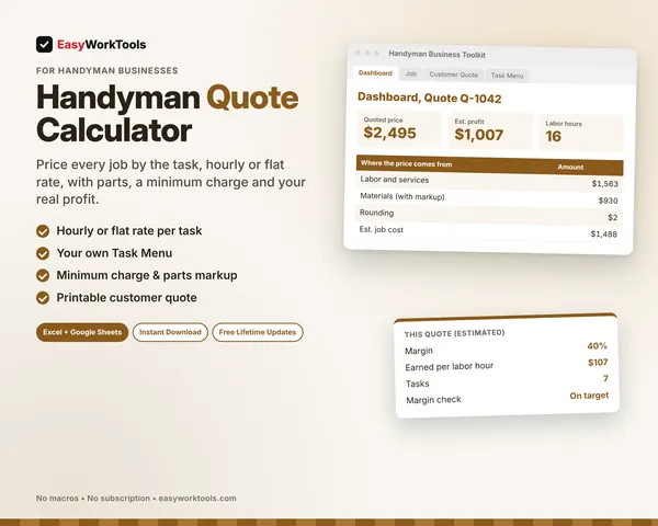 Handyman Quote Calculator spreadsheet for Excel and Google Sheets. A $2,495 seven-task repair quote with a 40% margin, $1,007 profit and $107 earned per labor hour.