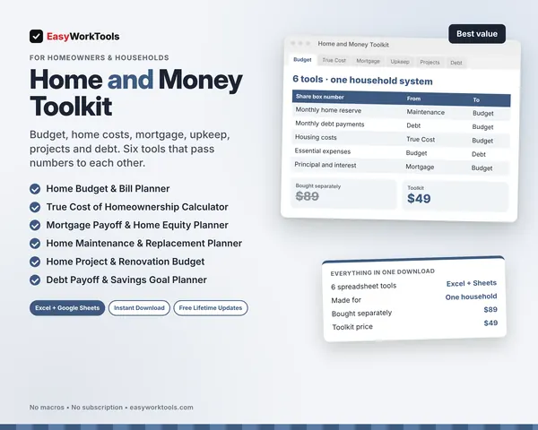 Home and Money Toolkit spreadsheet for Excel and Google Sheets. All six home and money tools in one download, with Share boxes that pass numbers between them.