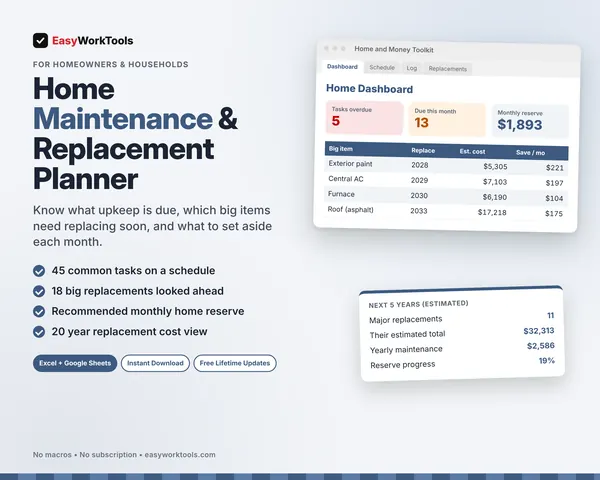 Home Maintenance and Replacement Planner spreadsheet for Excel and Google Sheets. Tasks overdue and due this month, big replacements coming up and the recommended monthly home reserve.