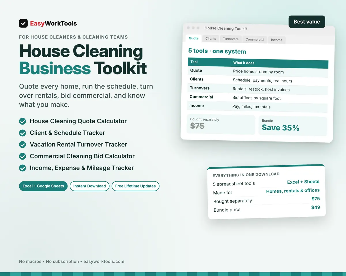 House Cleaning Business Toolkit spreadsheet for Excel and Google Sheets. All five cleaning tools in one download, at 35% off the separate price.