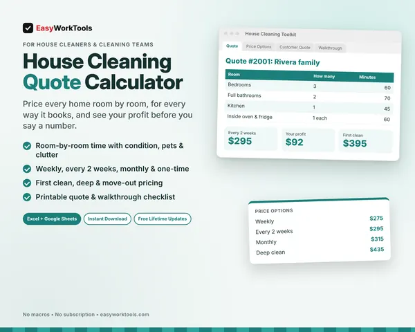 House Cleaning Quote Calculator spreadsheet for Excel and Google Sheets. A three-bedroom home priced room by room, with every booking option side by side and the first clean priced on its own.