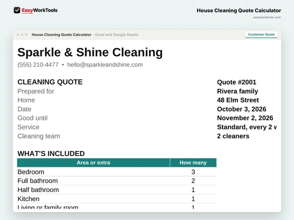 House Cleaning Quote Calculator Customer Quote tab in Excel and Google Sheets. A printable customer quote that lists what's included. Your costs never show.