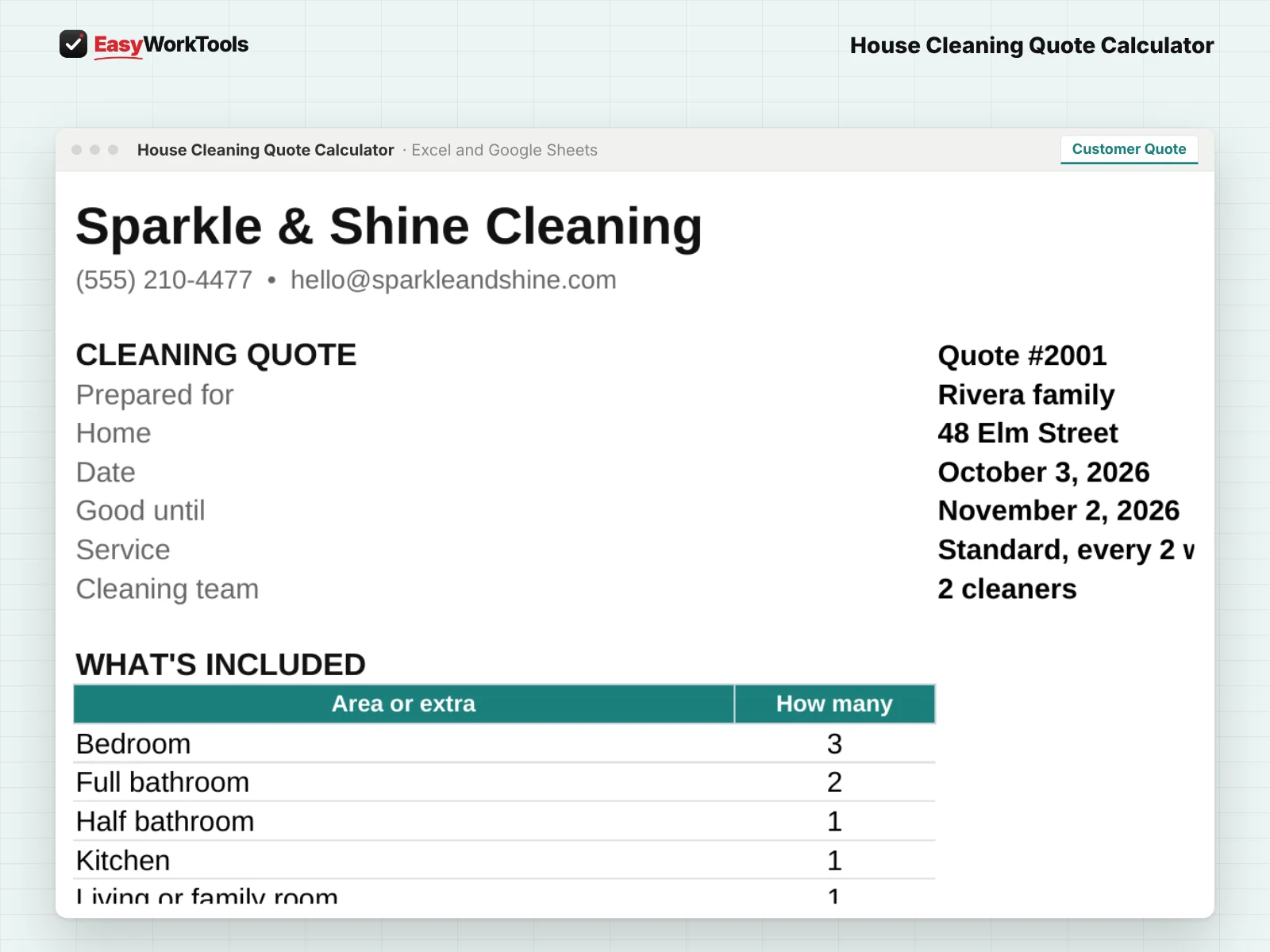 House Cleaning Quote Calculator Customer Quote tab in Excel and Google Sheets. A printable customer quote that lists what's included. Your costs never show.