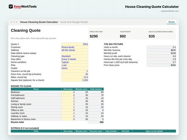 House Cleaning Quote Calculator Quote tab in Excel and Google Sheets. The Quote tab counts rooms and extras, adjusts for condition, pets and clutter, and keeps price, profit and earnings per hour at the top.