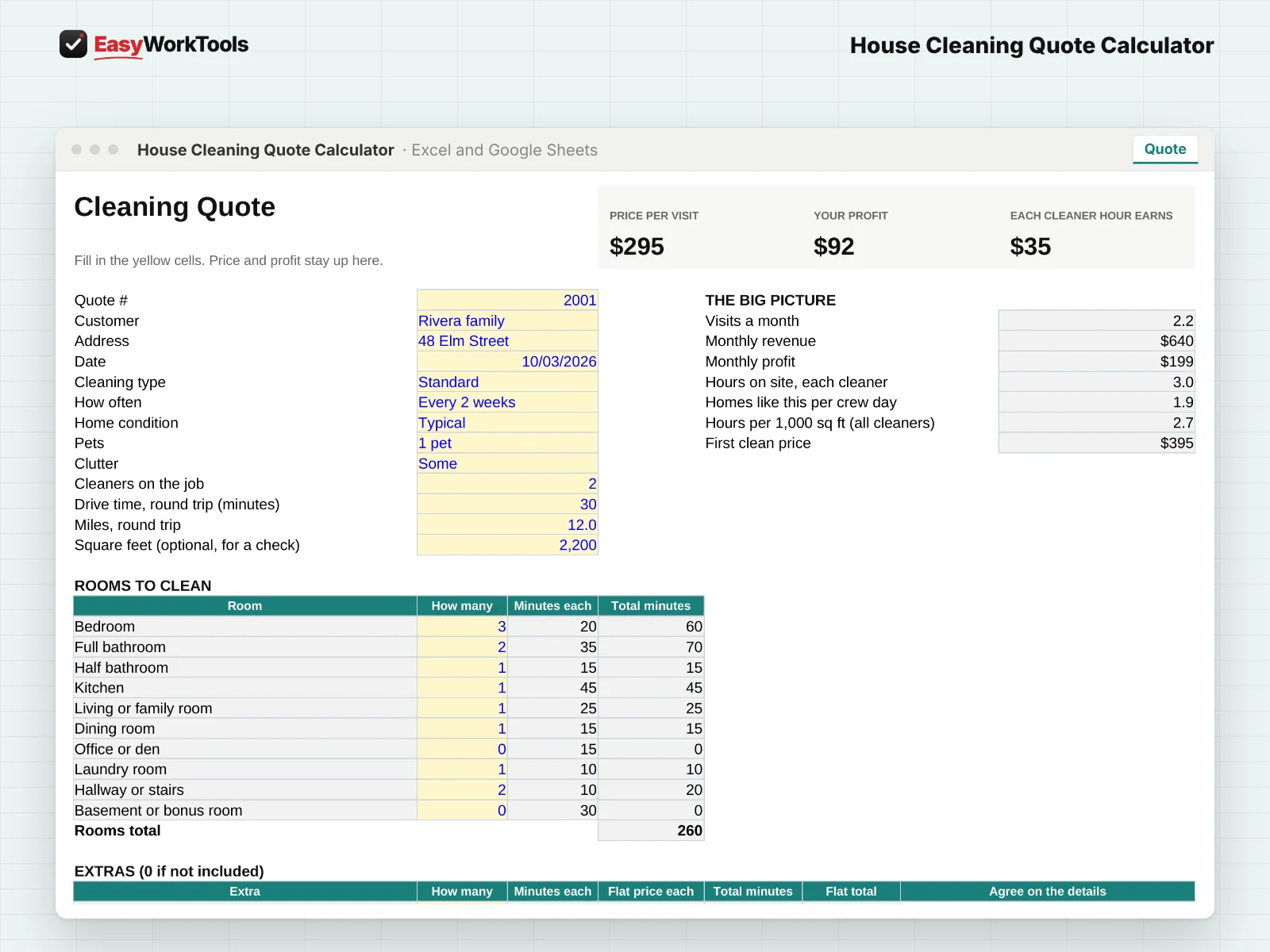 House Cleaning Quote Calculator Quote tab in Excel and Google Sheets. The Quote tab counts rooms and extras, adjusts for condition, pets and clutter, and keeps price, profit and earnings per hour at the top.
