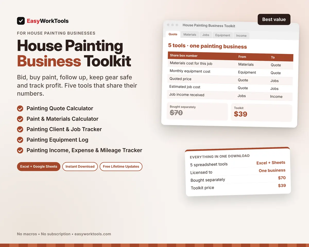 House Painting Business Toolkit spreadsheet for Excel and Google Sheets. All five house painting tools in one download, $39 instead of $70.