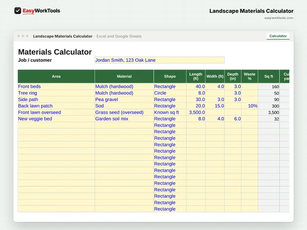 Landscape Materials Calculator Calculator tab in Excel and Google Sheets. The calculator figures every area of the job and picks bags or bulk, whichever is cheaper.