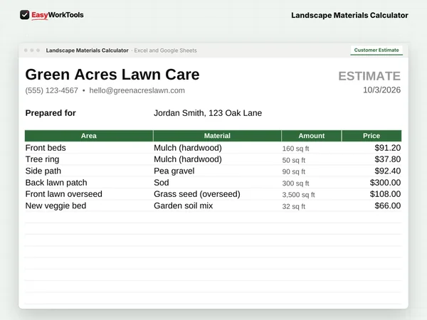 Landscape Materials Calculator Customer Estimate tab in Excel and Google Sheets. A printable customer estimate with your markup built in. Your costs never show.