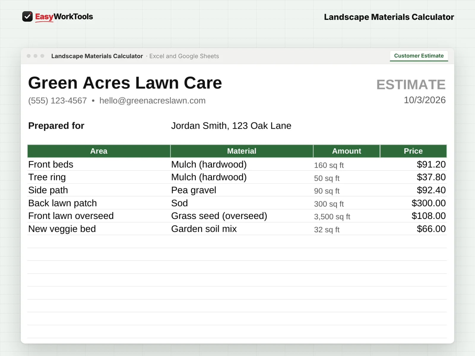 Landscape Materials Calculator Customer Estimate tab in Excel and Google Sheets. A printable customer estimate with your markup built in. Your costs never show.