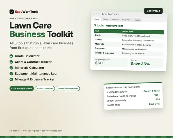 Lawn Care Business Toolkit spreadsheet for Excel and Google Sheets. All five lawn care tools in one download, at 35% off the separate price.
