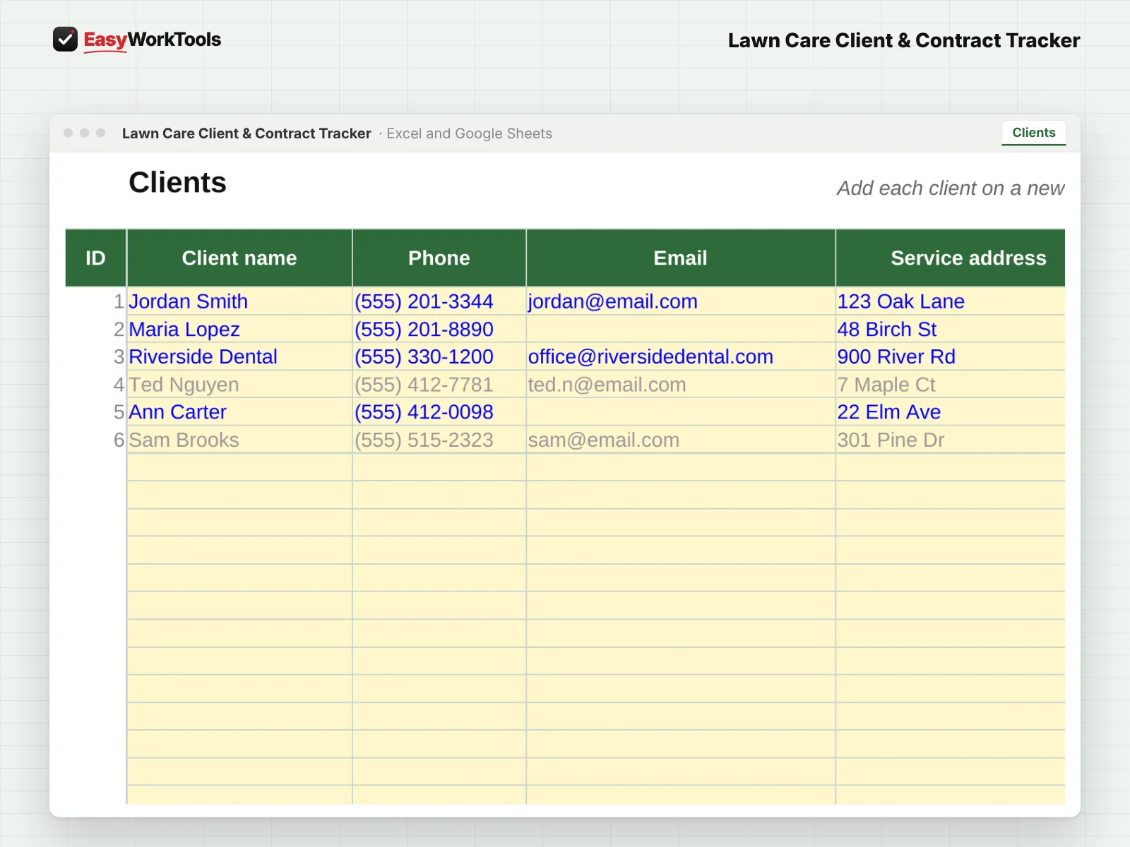 Lawn Care Client & Contract Tracker Clients tab in Excel and Google Sheets. The client list with schedules, billing type, gate codes, and live balances.