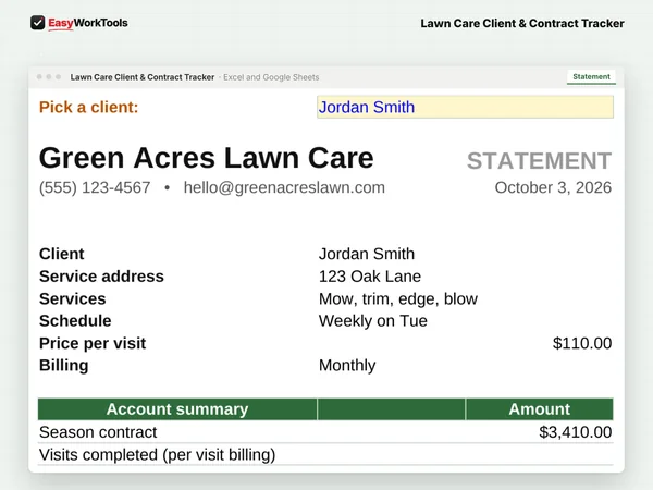 Lawn Care Client & Contract Tracker Statement tab in Excel and Google Sheets. A clean client statement you can print or save as a PDF in one click.