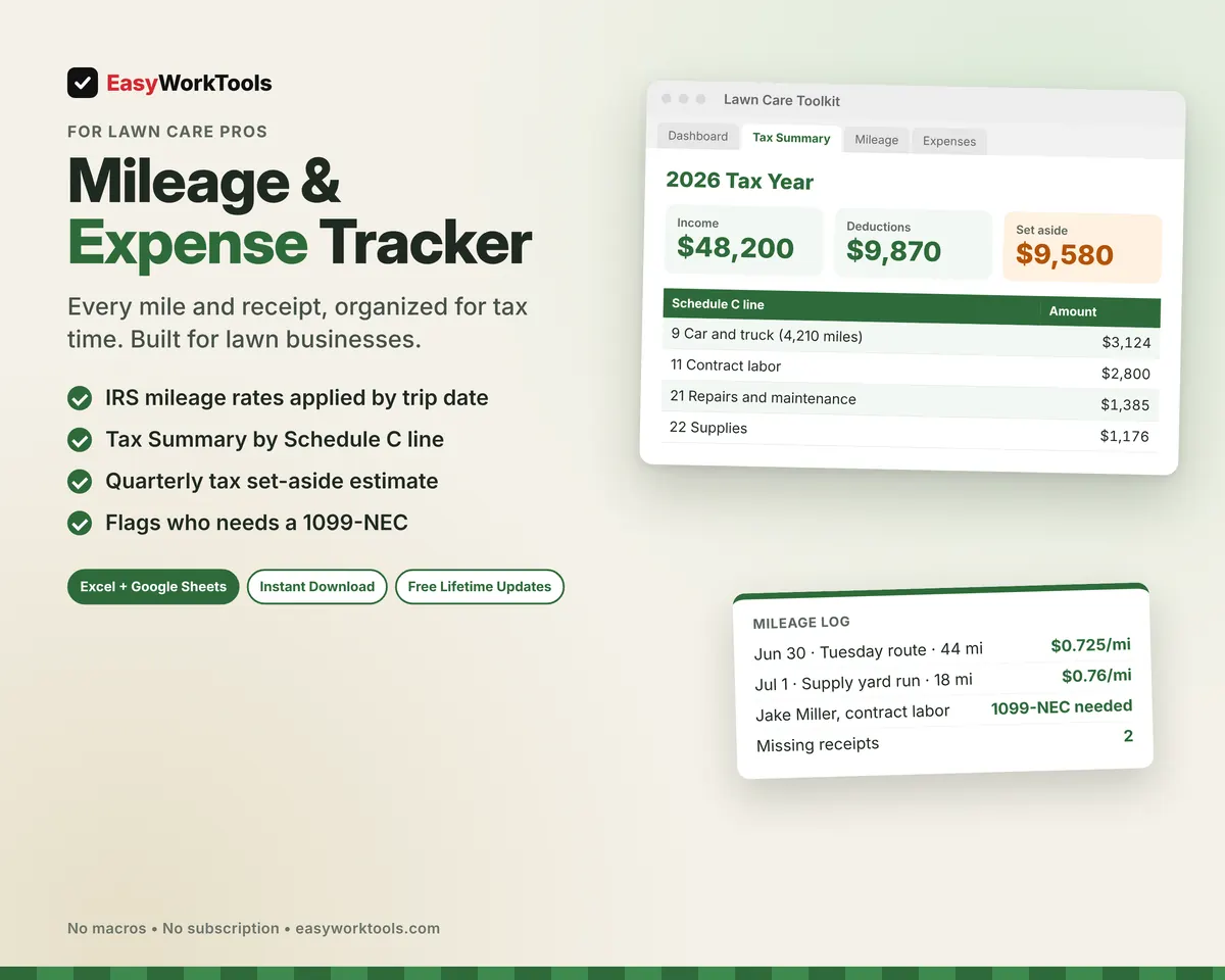 Lawn Care Mileage & Expense Tracker spreadsheet for Excel and Google Sheets. The Tax Summary by Schedule C line, the quarterly set-aside, and a mileage log with the July 2026 IRS rate change.