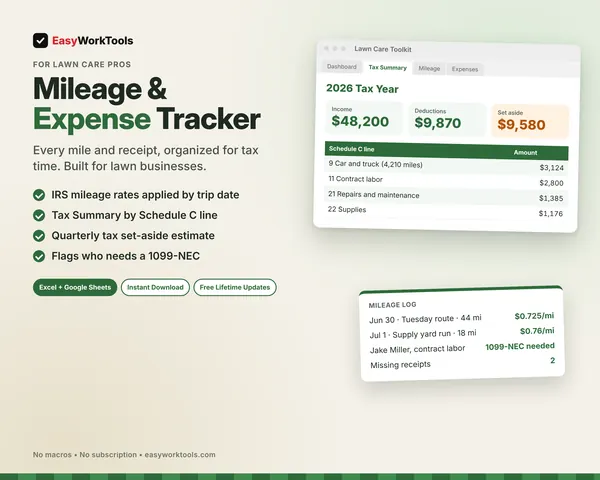 Lawn Care Mileage & Expense Tracker spreadsheet for Excel and Google Sheets. The Tax Summary by Schedule C line, the quarterly set-aside, and a mileage log with the July 2026 IRS rate change.