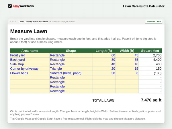 Lawn Care Quote Calculator Measure Lawn tab in Excel and Google Sheets. Measure Lawn adds up every area of the yard and subtracts beds and patios for you.
