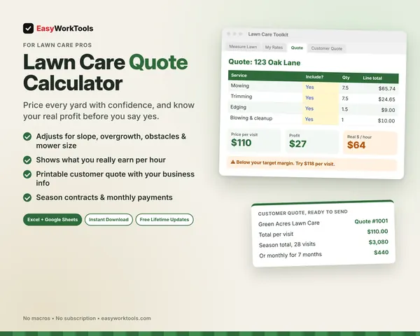 Lawn Care Quote Calculator spreadsheet for Excel and Google Sheets. The Quote tab pricing a weekly mow at 123 Oak Lane, with profit, real hourly pay, and a ready-to-send customer quote.