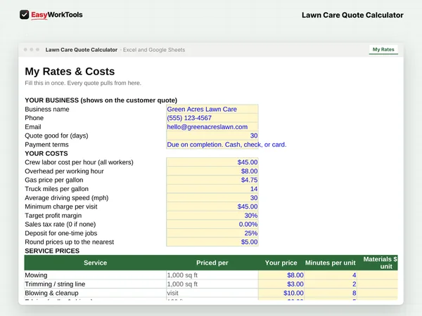 Lawn Care Quote Calculator My Rates tab in Excel and Google Sheets. My Rates, where you set your costs and service prices once for every quote.
