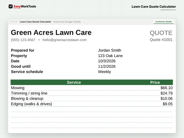 Lawn Care Quote Calculator Customer Quote tab in Excel and Google Sheets. The printable customer quote with your business info and season pricing. Your costs never show.