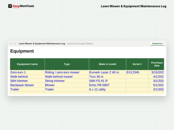 Lawn Mower & Equipment Maintenance Log Equipment tab in Excel and Google Sheets. Every machine with hours, cost per hour, warranty dates, and repair-or-replace checks.