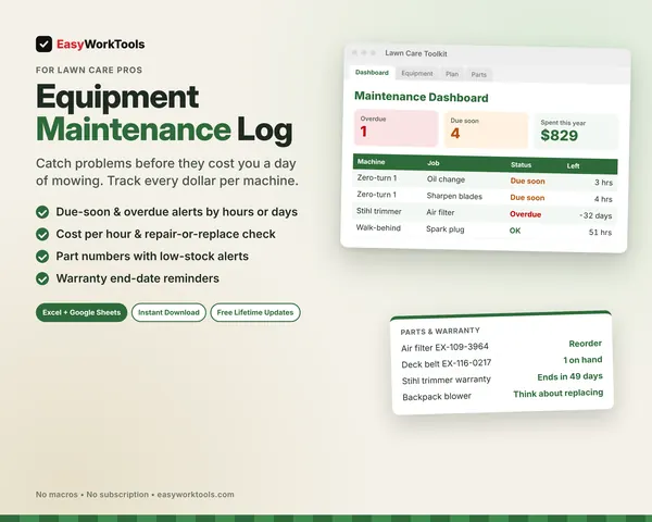 Lawn Mower & Equipment Maintenance Log spreadsheet for Excel and Google Sheets. The Maintenance Dashboard with overdue and due-soon jobs, plus parts, warranty, and repair-or-replace alerts.